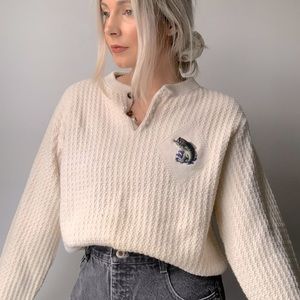 VINTAGE | Embroidered Bass Fish Oversized Slouchy Henley Chunky Knit Sweater Top